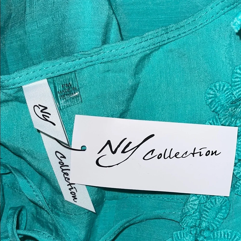 NY Collection Green 3/4 Sleeve Ruffled Tie Front Blouse - Picture 2 of 5